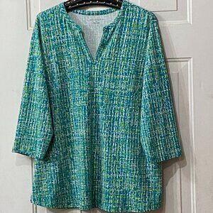 NEW Appleseed's Sz XL Women's Knit Top 3/4 Sleeve Teal/Green/White Abstract